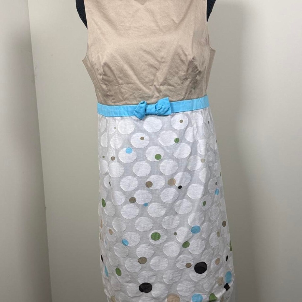 Robbie Bee Women's Size 10 Beige White Polka Dot Sleeveless Shift Dress Bow